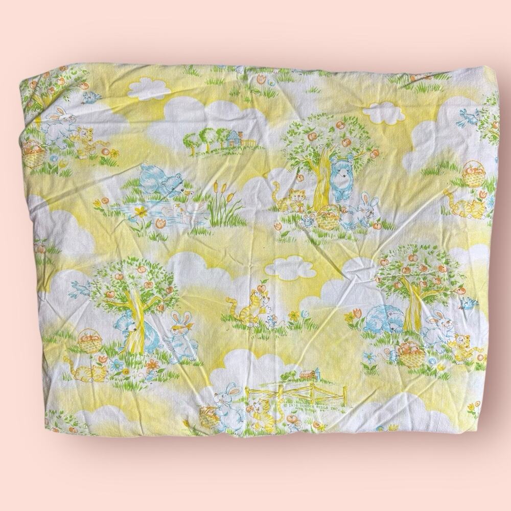 Vtg Dundee Crib Sheet Yellow Bear Bunny Cats Tree Farm 80s Baby Retro Kitschy